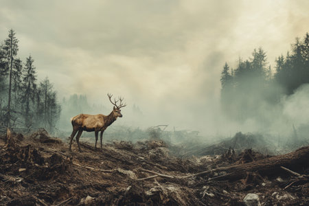 A lone stag stands amidst the remnants of a forest, highlighting the stark reality of deforestation and species loss in nature.の素材