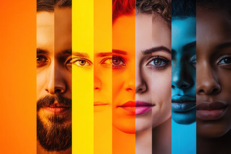 Brightly colored faces demonstrate diversity, separated by a line that symbolizes division and highlights social biases and differences.の素材