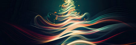 Colorful abstract lines twist together, forming a striking silhouette of a Christmas tree, evoking a festive and cheerful atmosphere.の素材