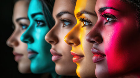 Diverse faces are separated by a line, showing distinct colors and vivid contrasts that emphasize division and bias visually.の素材