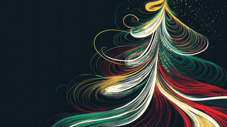 Colorful, intertwined lines form the silhouette of a Christmas tree, beautifully contrasting against a dark background.の素材
