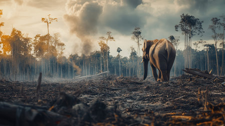 An elephant navigates a cleared forest, showing the plight of endangered species amidst widespread deforestation.の素材