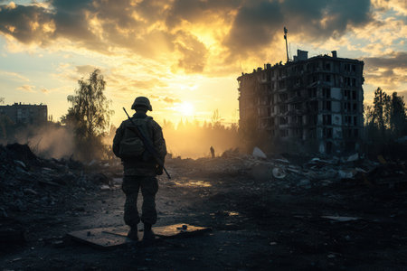 Soldiers stand amidst ruined buildings at sunset, reflecting the devastation of war and the challenges faced in shattered landscapes.の素材