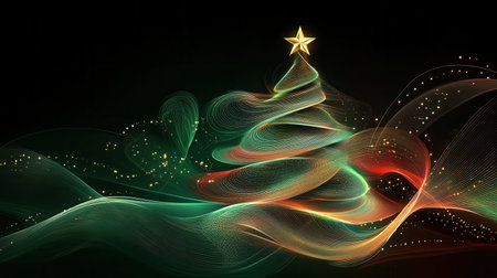 Colorful abstract lines elegantly form the outline of a Christmas tree, topped with a bright star, creating a festive atmosphere.の素材