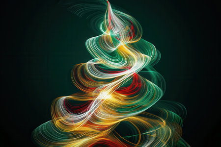 Colorful abstract lines gracefully intertwine to form the silhouette of a Christmas tree, evoking festive cheer during the holiday season.の素材