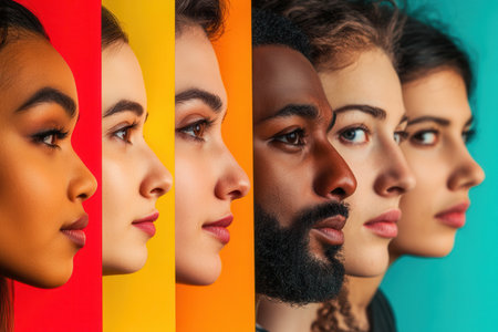 Faces representing various backgrounds are divided by a barrier, showing the contrasts in diversity and the impact of bias visually.の素材