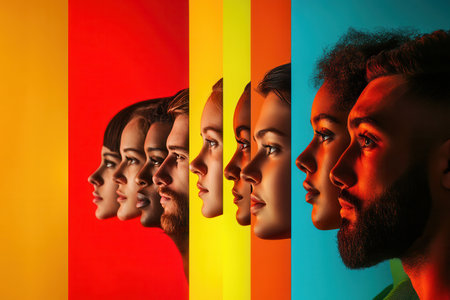 Diverse faces split by a bold line highlight division, bias, and cultural differences against vibrant backgrounds.の素材