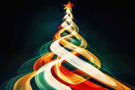Colorful, swirling lines artistically form the silhouette of a Christmas tree, crowned with a star, set against a deep backdrop.の素材
