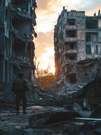 A soldier surveys the remnants of a shattered city, with crumbling buildings and a sunset illuminating the desolation and chaos.の素材