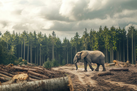Deforestation alters the landscape, leaving an elephant navigating fallen logs in its dwindling habitat, highlighting species loss.の素材