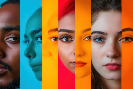 A striking display of diverse faces separated by a bold barrier, emphasizing themes of division and cultural differences.の素材