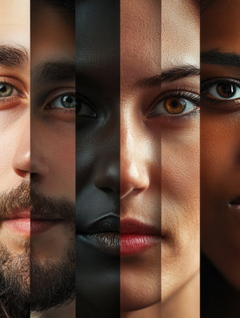 Faces of diverse individuals separated by a stark line, representing societal divisions and emphasizing unique cultural identities.の素材