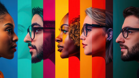 Bright and saturated colors highlight diverse faces separated by a dividing line, showing individuality and underlying biases in society.の素材