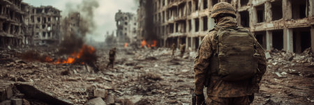 In a war-torn urban landscape, soldiers move cautiously through debris and destroyed buildings, symbolizing conflict and turmoil.の素材