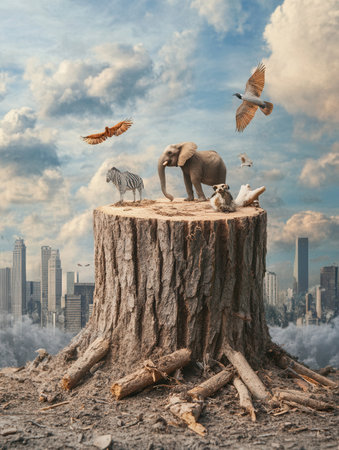 Deforestation's consequences reveal rare animals on a stump, highlighting extinction risks against a backdrop of urban development.の素材