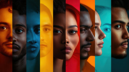 Diverse faces showcase individuality and separation through vibrant colors and barriers, highlighting the themes of bias and difference.の素材