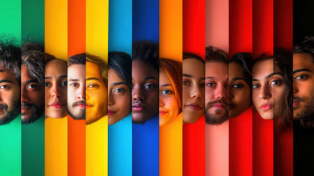 Brightly colored barriers separate diverse faces, symbolizing division while celebrating individuality and differences among people.の素材