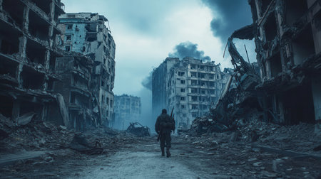 A soldier navigates through a war-torn landscape marked by crumbling buildings and remnants of conflict, emphasizing the devastation of war.の素材