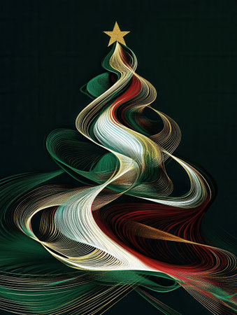 A creative design showcases abstract lines forming the silhouette of a Christmas tree, featuring a star at the top against a dark background.の素材