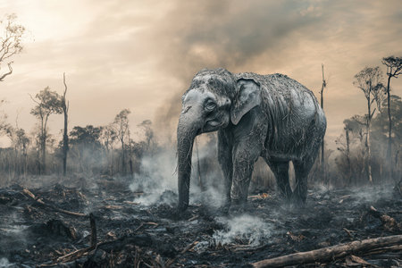 An elephant stands alone in a scorched forest, surrounded by smoke and remnants of habitat loss, symbolizing endangered wildlife.の素材