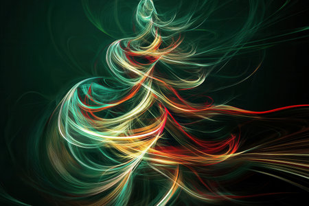 Intertwined abstract lines elegantly form the silhouette of a Christmas tree against a deep, dark backdrop, evoking holiday spirit.の素材