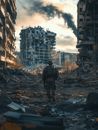 A lone soldier stands amidst the rubble of a devastated city, surrounded by destroyed buildings and plumes of smoke rising in the distance.の素材