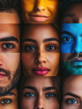 Faces of diverse individuals are separated by a line, highlighting division and bias with bright contrasting colors emphasizing uniqueness.の素材
