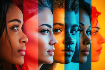 Vivid colors emphasize the contrast between diverse faces, highlighting themes of division, bias, and the beauty of differences.の素材