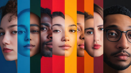 Vibrant faces separated by barriers showcase diversity, emphasizing societal divisions and the beauty of individual differences.の素材