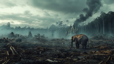 A lonely elephant wanders through the remnants of a forest devastated by deforestation, amid smoke and signs of species loss.の素材