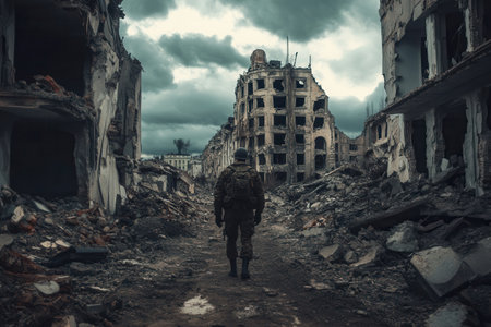 A soldier navigates the rubble of a ruined city, surrounded by destroyed buildings that evoke the harsh realities of war and destruction.の素材