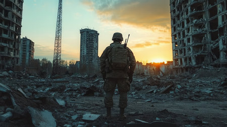 A soldier stands amidst the ruins of destroyed buildings, reflecting on the devastation of a city ravaged by war during sunset.の素材