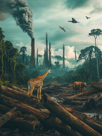As could rise from industrial activity, rare animals stand amidst fallen trees, highlighting the urgent issue of habitat destruction.の素材