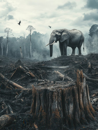 A lone elephant stands in a barren landscape marked by deforestation, symbolizing the urgent threat to endangered wildlife and ecosystems.の素材