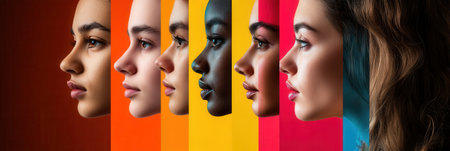 Faces of diverse individuals are displayed side by side, emphasizing differences and highlighting societal barriers through vibrant colors.の素材