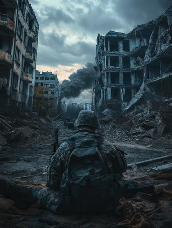 A soldier sits in a ruined city, surrounded by collapsed structures and rising smoke, reflecting the aftermath of war and conflict.の素材