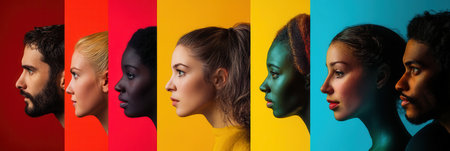 Faces of diverse individuals are contrasted and separated by a striking barrier, revealing themes of division and societal bias.の素材