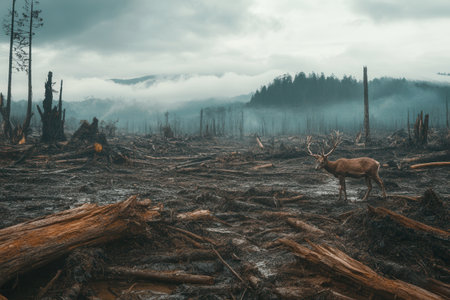 A lone deer stands amidst a cleared forest, showing the stark impact of deforestation on wildlife and ecosystems.の素材
