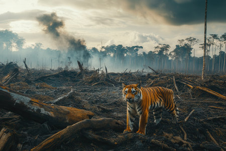 As trees are cleared, rare animals face extinction in shrinking habitats, highlighting the urgent need for conservation efforts.の素材