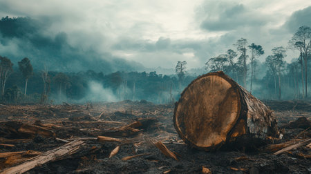 Rare wildlife is glimpsed amidst the remnants of a forest being destroyed, highlighting the plight of endangered species.の素材