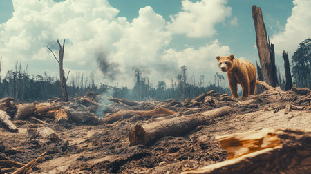 A bear explores a barren landscape, highlighting the effects of deforestation and the looming threat of extinction for many species.の素材