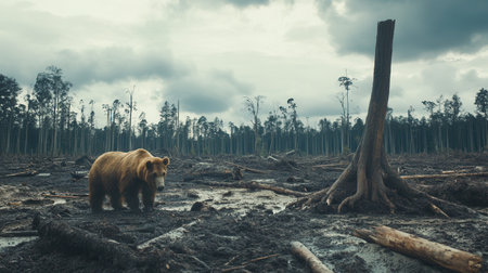 A solitary bear roams through a barren landscape stripped of trees, showing the stark impact of deforestation on wildlife.の素材