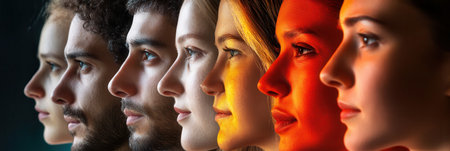 A lineup of diverse faces emphasizes societal divisions, highlighting bias and the beauty of differences in bright, saturated colors.の素材