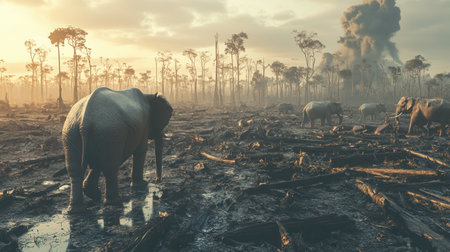 Elephants wander through devastated land, highlighting the urgent crisis of deforestation and the threat to endangered species.の素材