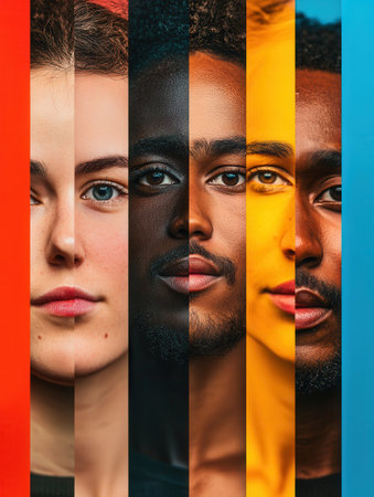 Brightly colored sections showcase diverse faces, highlighting division and bias while celebrating the beauty of individuality and unity.の素材