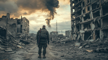 A soldier surveys the ruined urban landscape marked by collapsing structures and an ominous plume of smoke in the distance.の素材