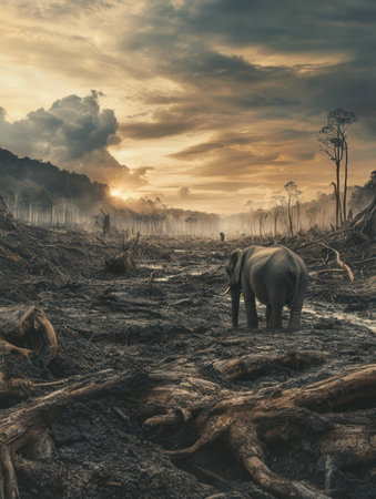 An elephant roams the barren ground of a recently deforested area at sunset, symbolizing the growing threats to wildlife and habitat.の素材