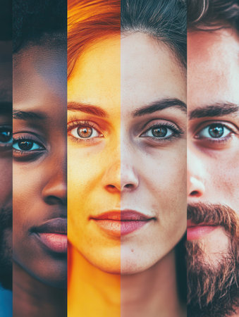 Faces of diverse individuals with a strong emphasis on division, showing their unique features amid bright, contrasting colors.の素材