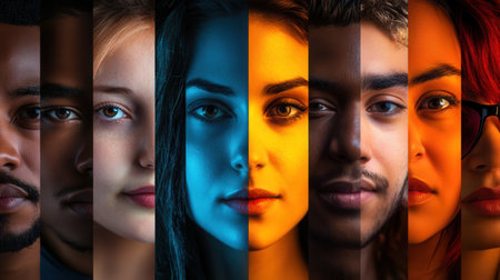 A collection of diverse faces separated by a sharp line, illustrating division and bias while celebrating individual differences in society.の素材