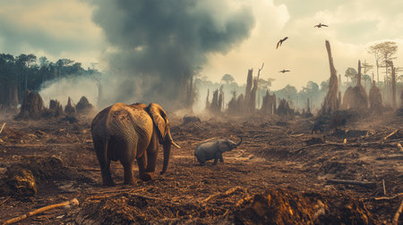 Elephants move through a devastated forest landscape, overshadowed by smoke and signs of species loss, reflecting the urgency of conservation.の素材